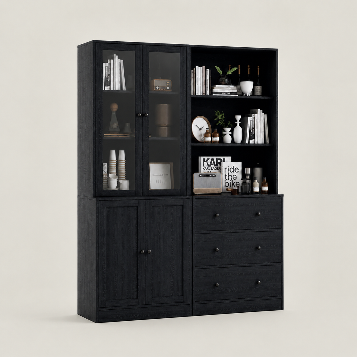 Armoire, avec rangement, avec étagères, avec portes, en verre, coloris noir, pour la chambre