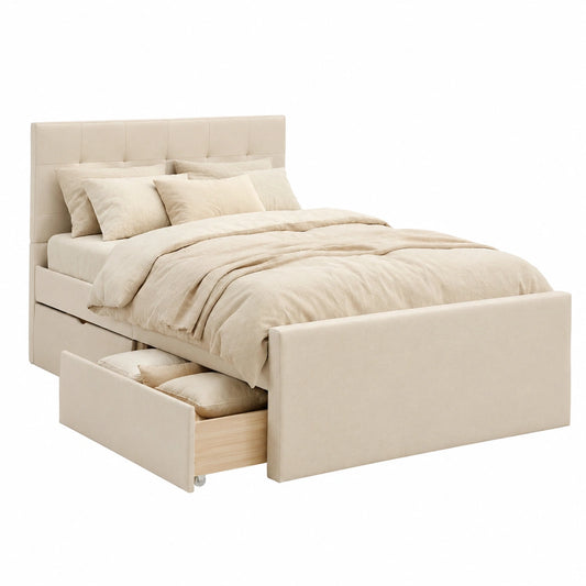 Lit, avec rangement, avec tiroirs, avec sommier, en tissu, 120 x 200 cm, coloris beige, pour la chambre