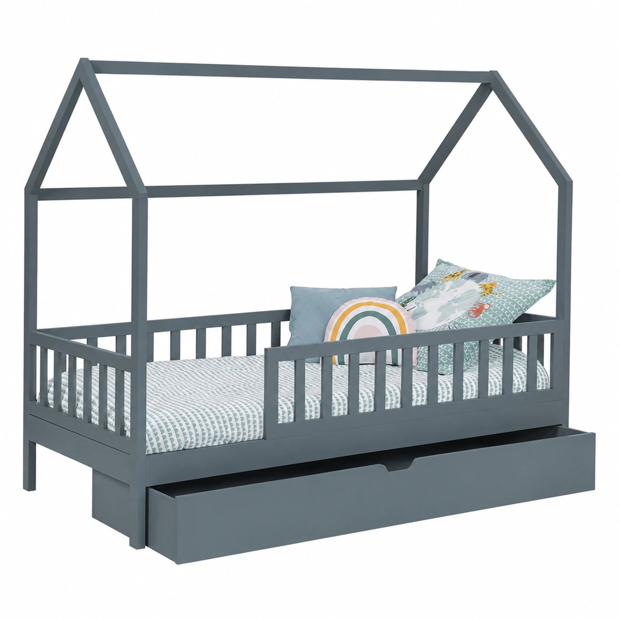 Lit cabane, avec rangement, avec tiroirs, coloris gris, 80 x 160 cm, pour la chambre d’enfant